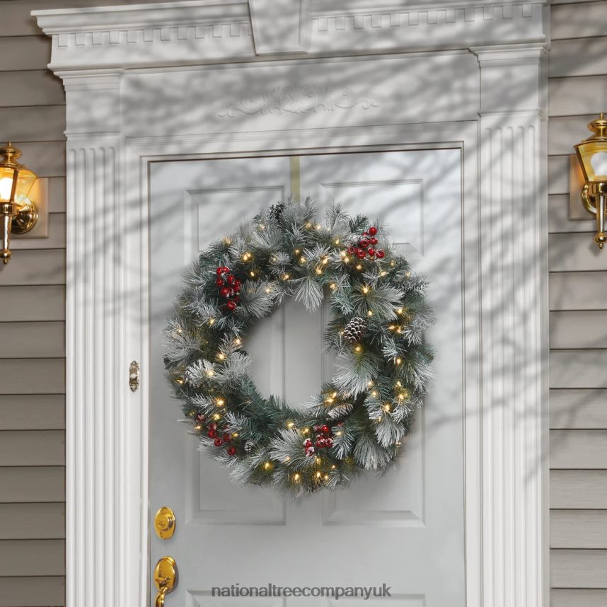 Greenery | National Tree Company Pre-Lit Artificial Christmas Wreath Green Snowy Glacier Pine White Lights Decorated with Pine Cones Berry Clusters Frosted Branches Christmas Collection 30 Inc